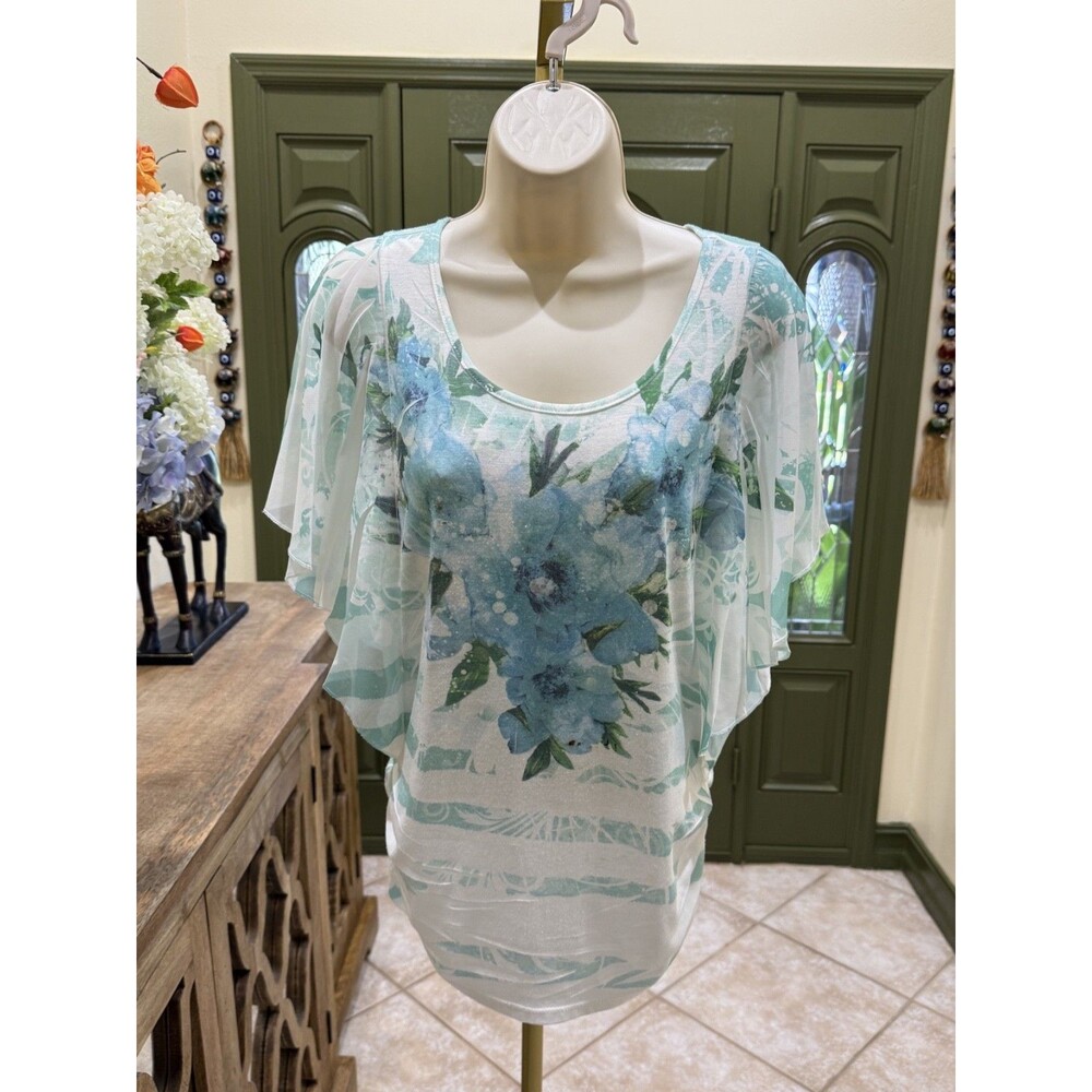 Express Blue Floral Top with Sheer Butterfly Sleeves – Women's Size Small